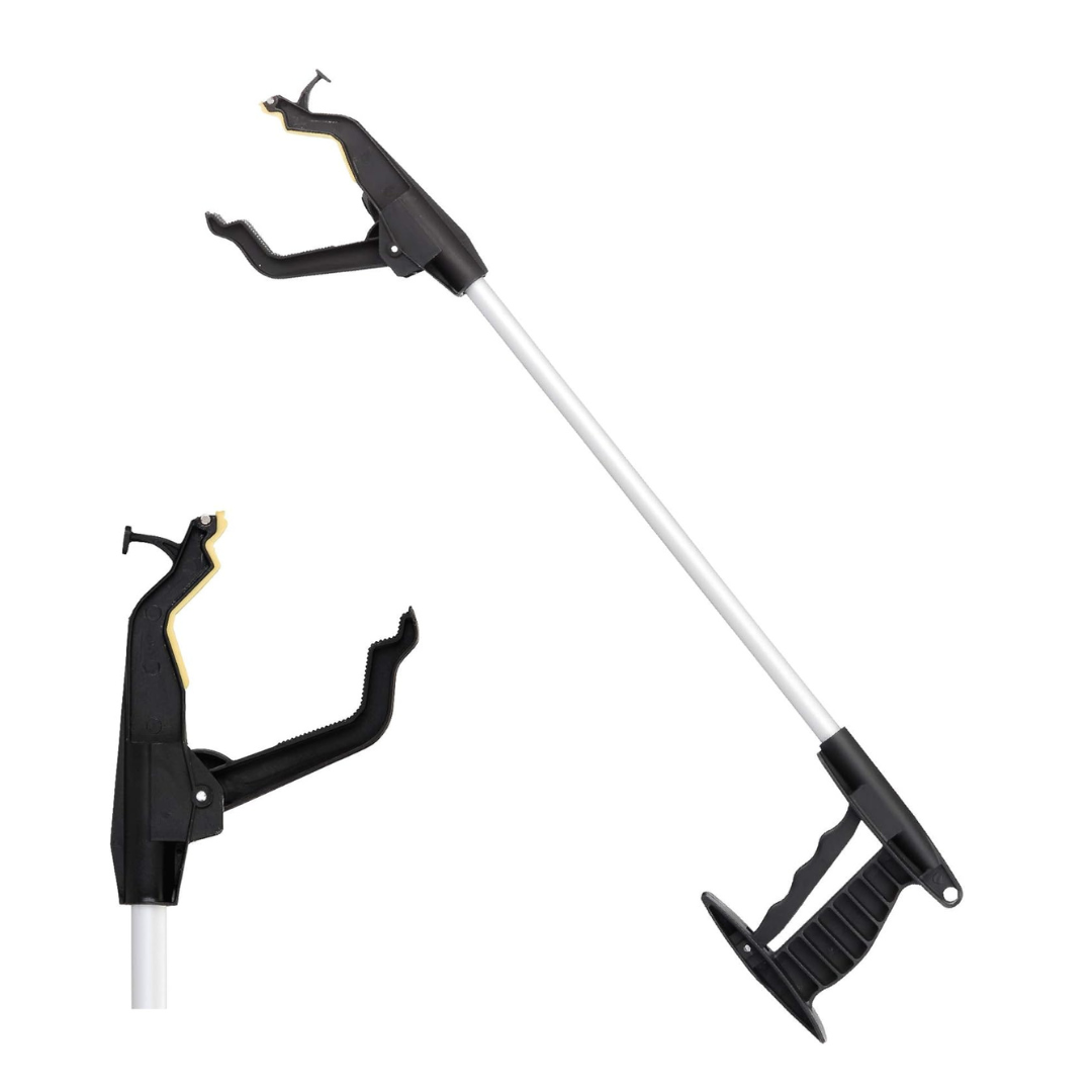 The Nova Medical Dragon Reachers - Pack of 2 are long-handled ergonomic grabber tools with black handles and silver shafts. Featuring 360° rotating claws, these tools make picking up objects from a distance easy and convenient.